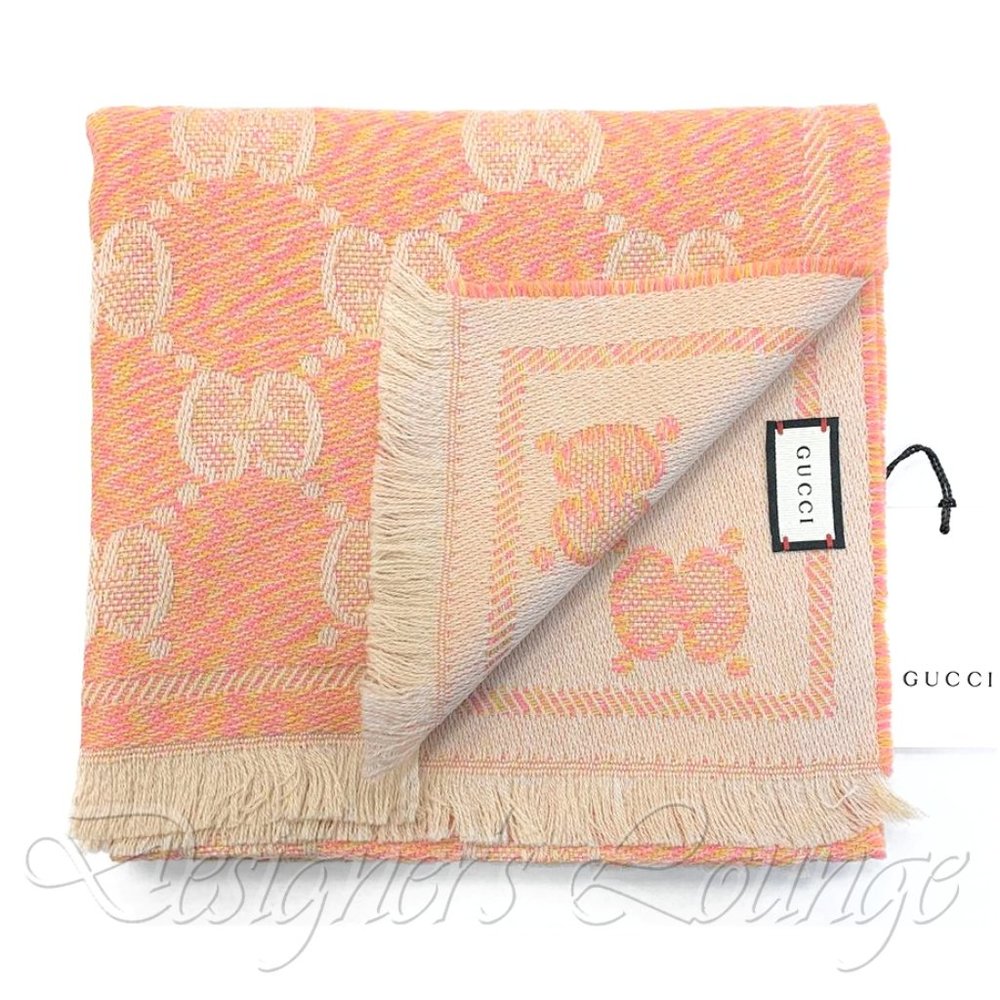 NEW GUCCI GG Jacquard Wool Scarf in Beige And Pink $590 Authentic - Picture 2 of 8